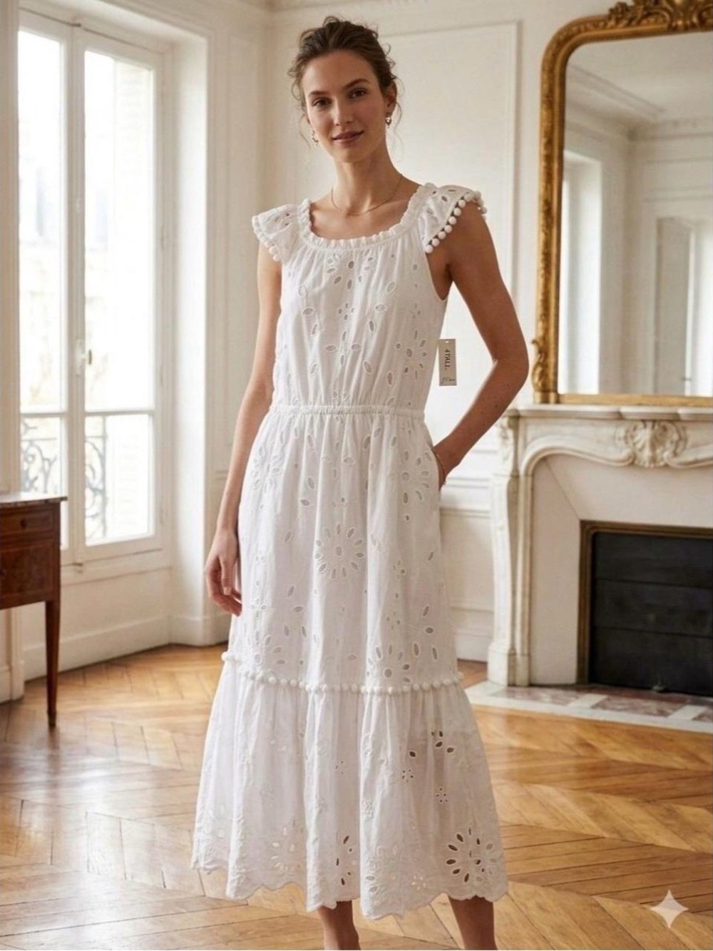 J.Crew NEW White Eyelet Tiered Pom Pom Cotton Midi Dress Coastal Size 10